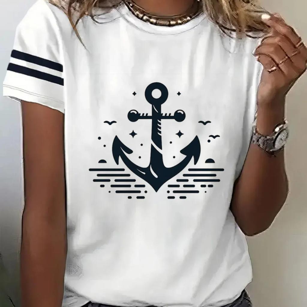 2024 новая стильная футболка для женщин, топ с принтом якоря, летние футболки большого размера для женской одежды, женская мода с круглым вырезом, большие размеры
