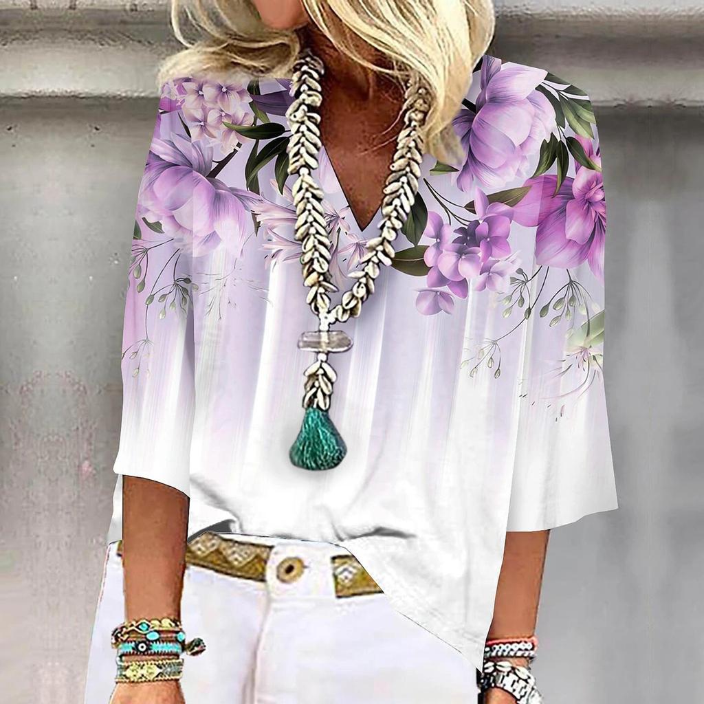 Женская рубашка, блузка, повседневные свободные рубашки, рукава 3/4, топы с v-образным вырезом и принтом, топы с принтом, футболки, футболки