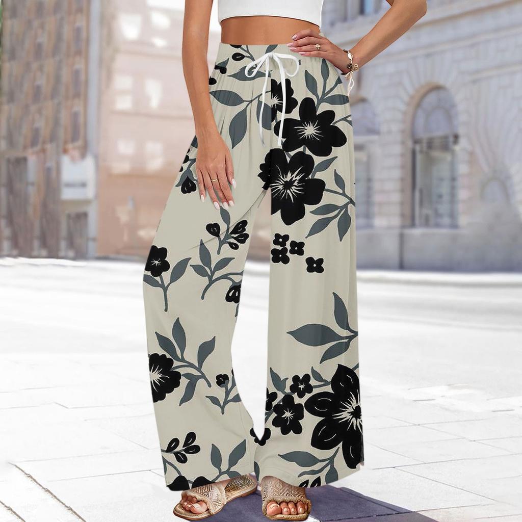 Женские брюки с принтом и широкими штанинами, с карманами, с высокой талией, на кулиске, свободные, повседневные