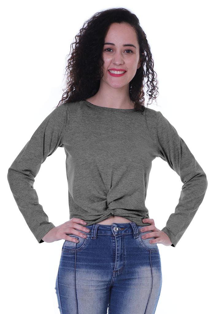 Moomaya Womens Full Sleeves Front Knot Crop Top Summer Tshirt Plain Tee Tops