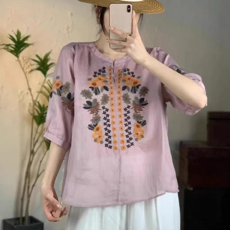 Johnature Женские винтажные вышитые цветочные рубашки, топы с круглым вырезом и коротким рукавом, летние женские рубашки