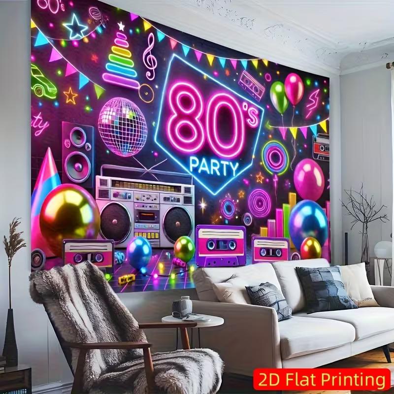 2D 80s Party Banner, Neon Boombox & Disco Ball Background