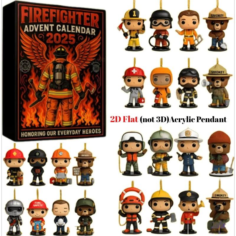 Firefighter Advent Calendar 2025, 24 Days Christmas Countdown Calendar With 2D Flat Acrylic Firefighter Themed Decorations,Gift For Firefighter