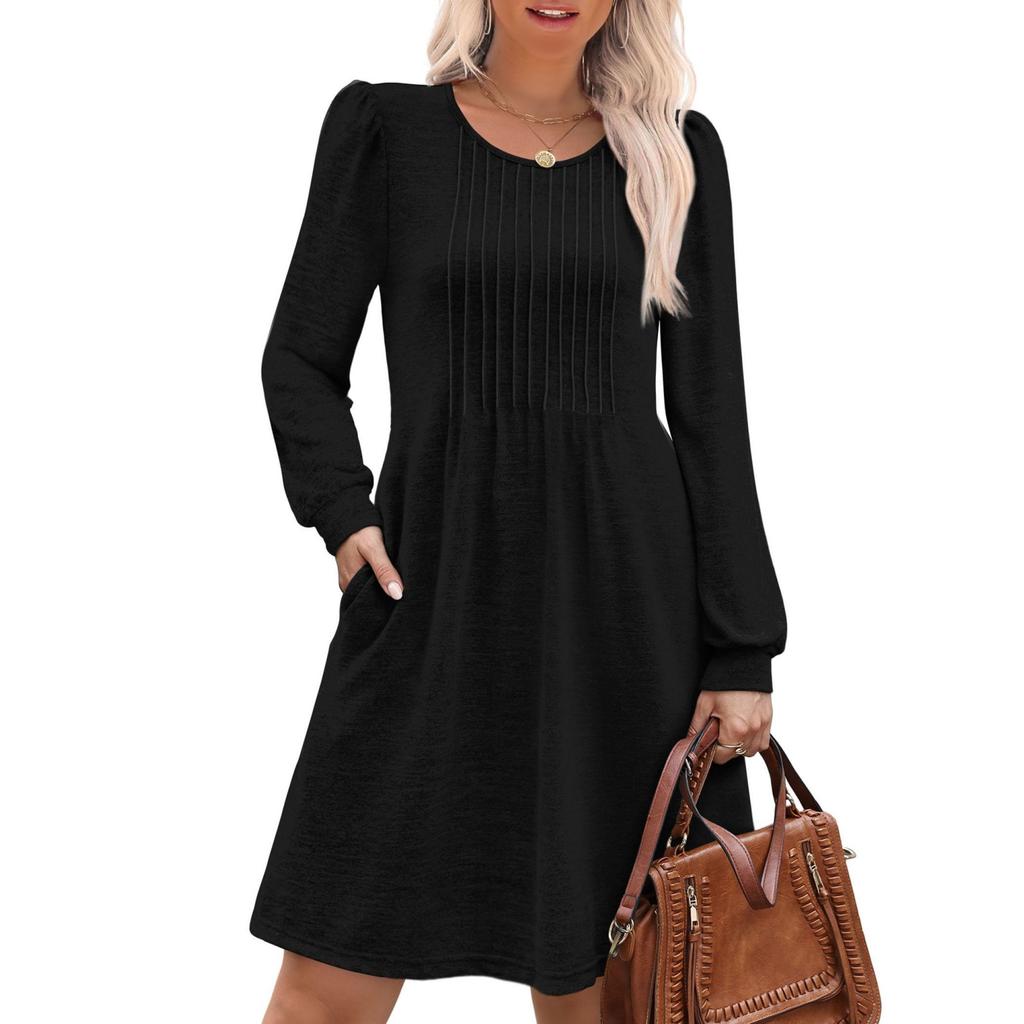 Женское повседневное платье с длинным рукавом, плиссировкой, круглым вырезом, однотонное, с карманами