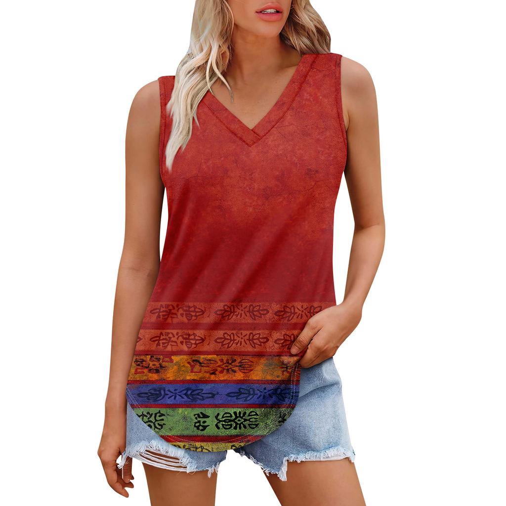 Женская майка с V-образным вырезом и принтом, повседневная майка, свободный крой, топы без рукавов, струящиеся