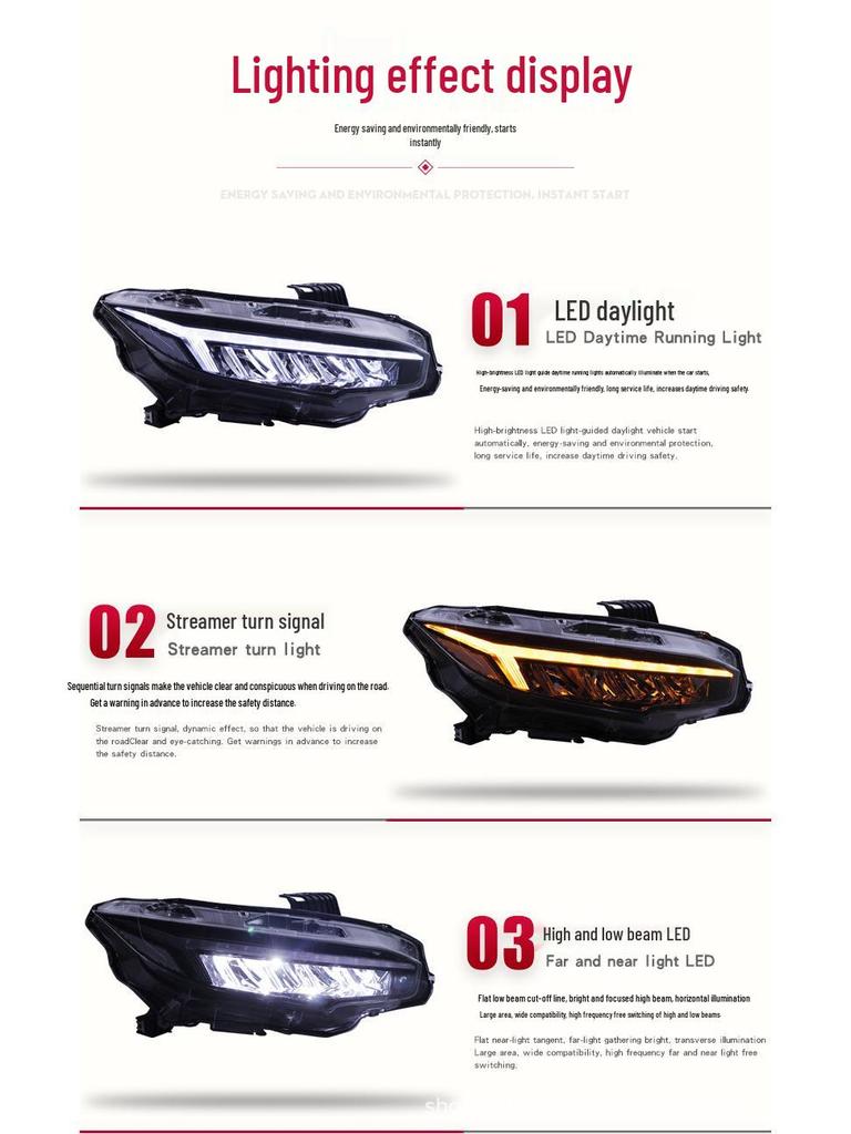 Compatible with 16-19 Honda Civic: Dragon Wing Style LED Daytime Running Light & Sequential Turn Signal Headlight Assembly.