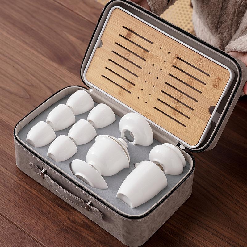 Suet jade white porcelain travel tea set, full set of household kung fu ceramic cover bowl teacup gift print