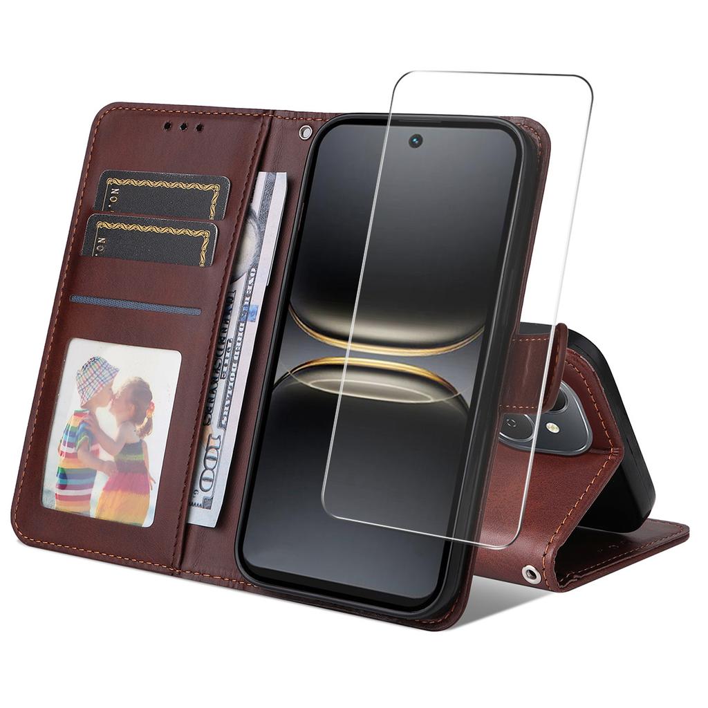 For TECNO Spark 40C PU Leather Wallet Case Phone Stand Cover with Tempered Glass