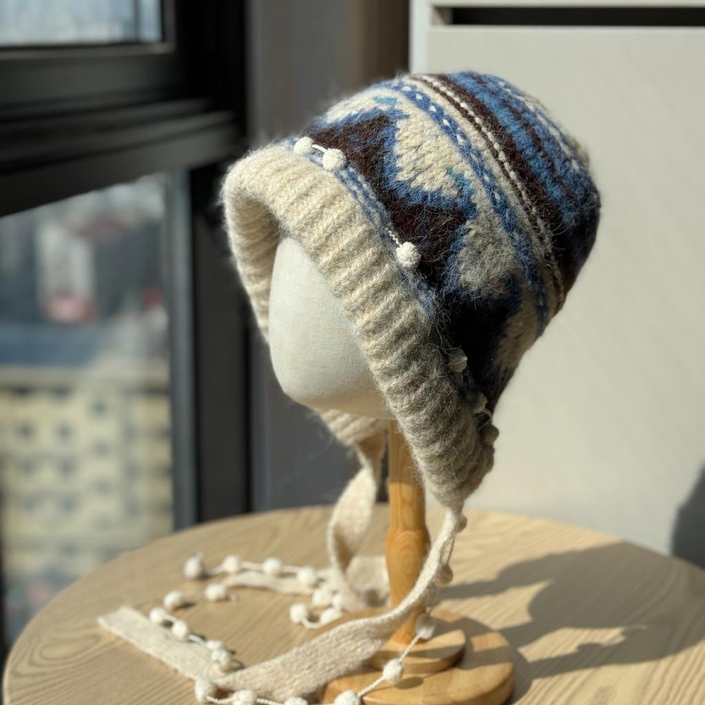 Новая вязаная шапка-бини в стиле Fair Isle для женщин, теплая балаклава для осени и зимы, с утолщенными ушами, шапка-баотоу.