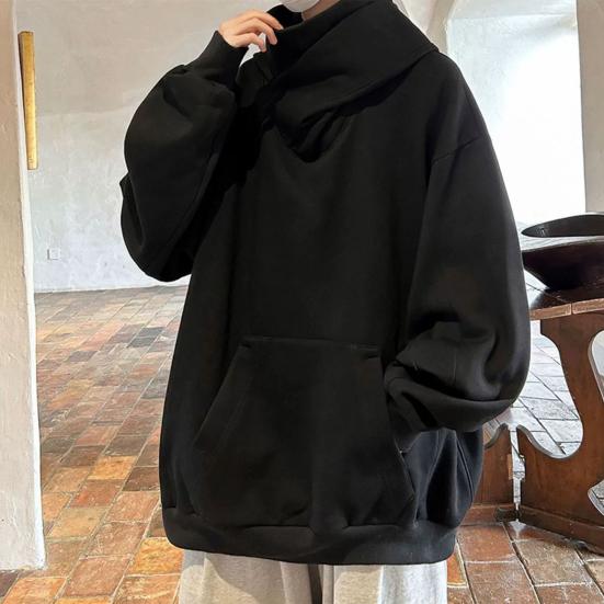 Fall Winter Men Hoodie Oversize Hooded Long Sleeves Pure Color Hip Hop High Collar Big Patch Pocket Elastic Cuff Mid Length Warm Top