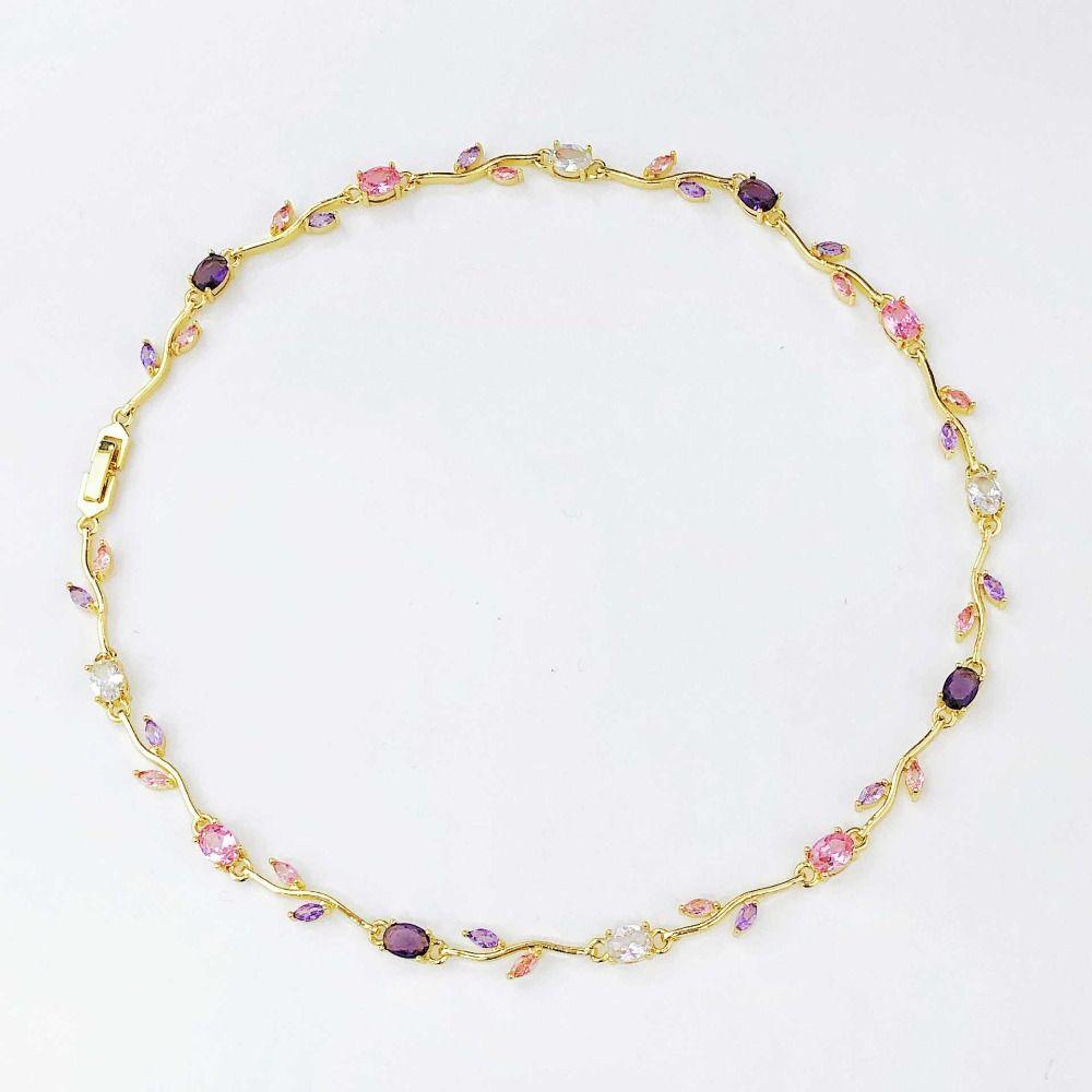 Multicolour Rose Flower Necklace Light Luxury Crystal Leaf Necklace Zircon Necklace  Women Girls
