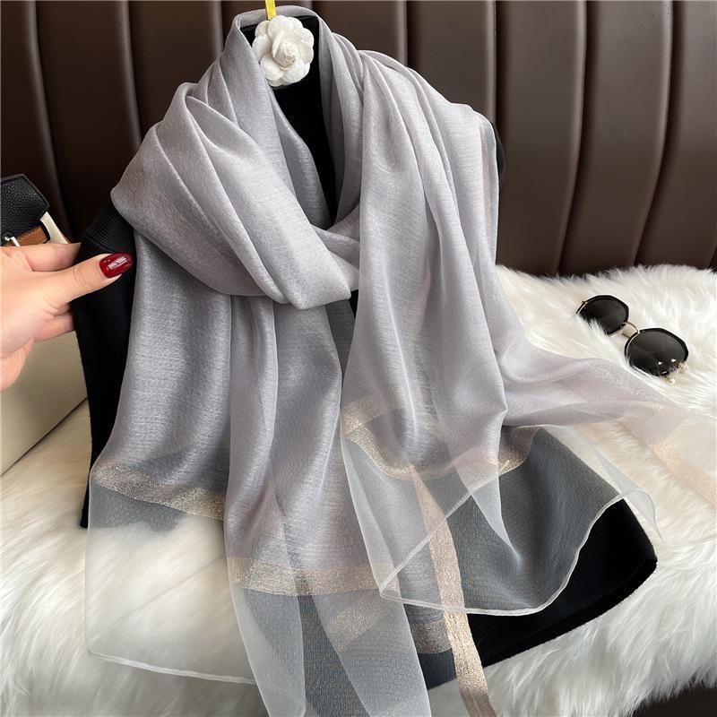 Korean Style Versatile Silk Scarf: Long Gauze Scarf with Gold Sequin and Wool Blend for Spring and Autumn.