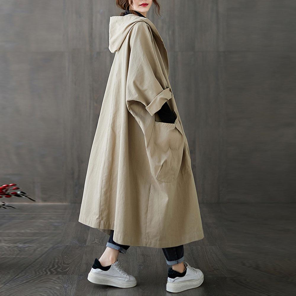 Women Oversized Cotton Windbreaker Hooded Long Trench Coat Streetwear Casual Loose Long Outerwear Fashion Daily Outgoing Trench Coat for Women