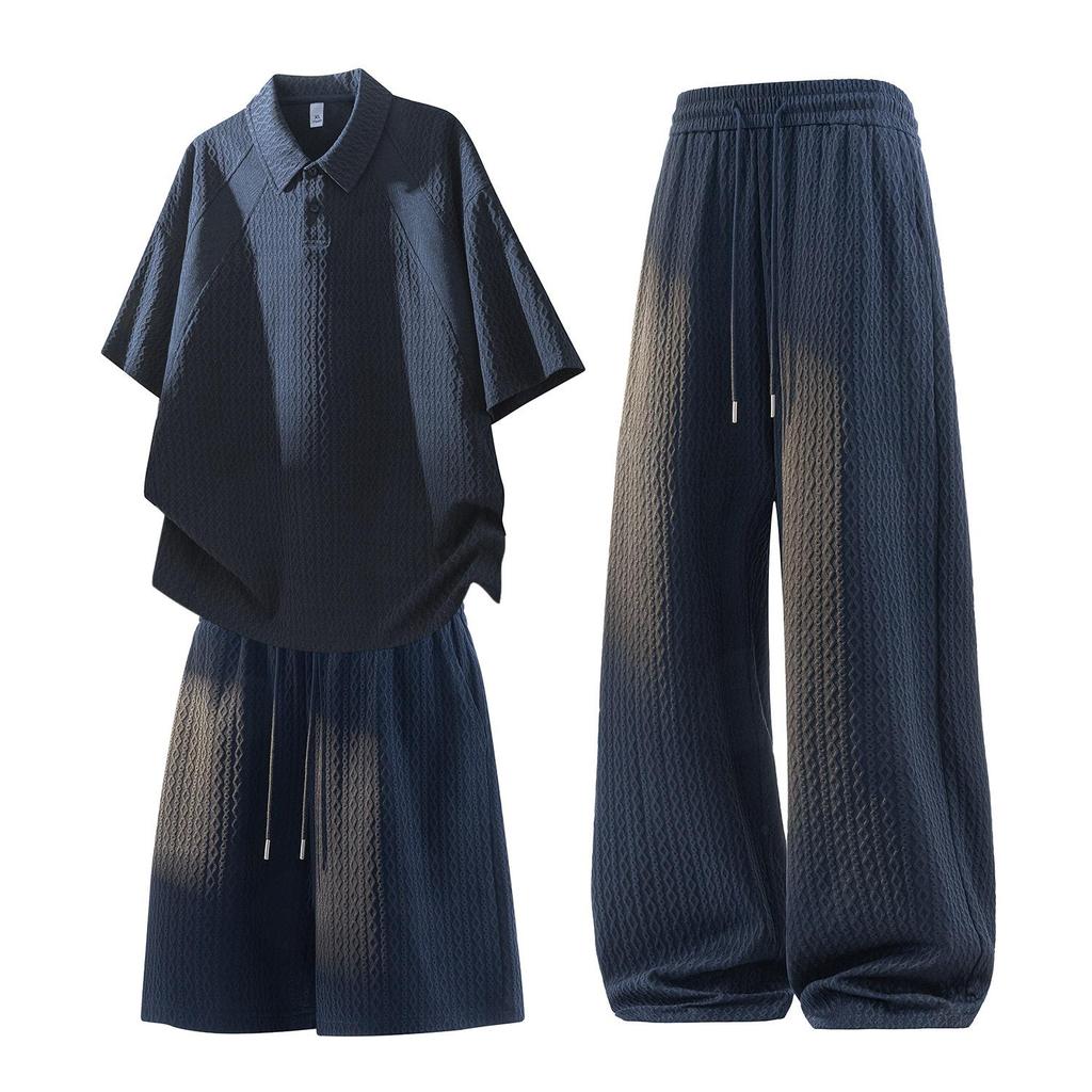 Men's Jacquard American Style Three-Piece Set: Short-Sleeved Polo, Shorts, and Summer Long Pants