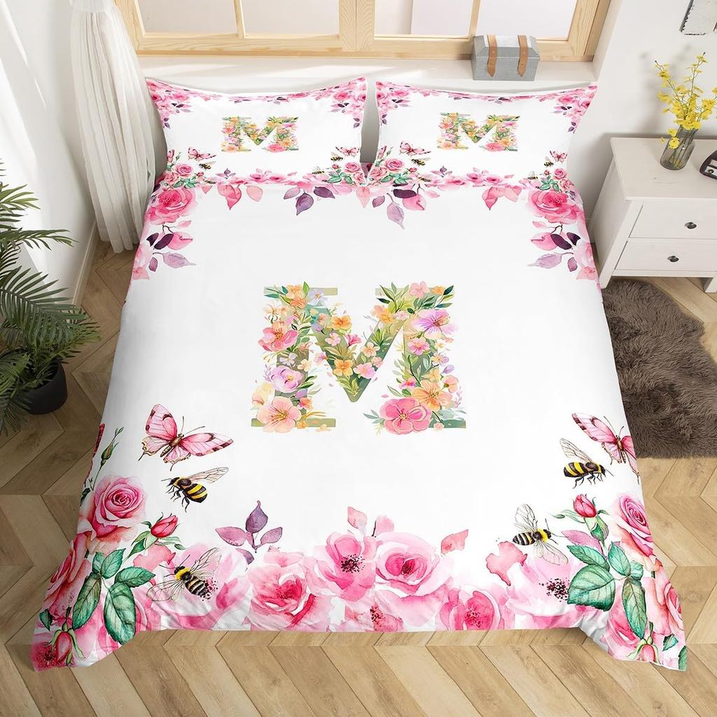 Initial Letter A Duvet Cover for Boys Girls Floral Monogrammed Bedding Set Romantic Rose Alphabet Quilt Cover with 2 Pillow Case
