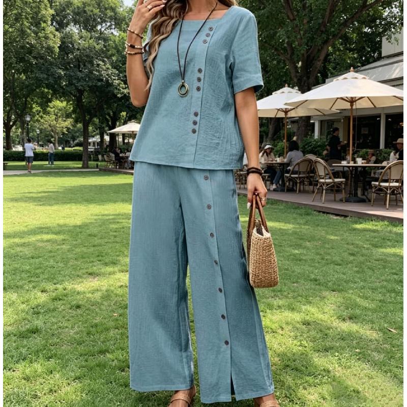 Women's Fashionable Loose Round-neck Button Short-sleeved Shirt and Wide-leg Pants Set