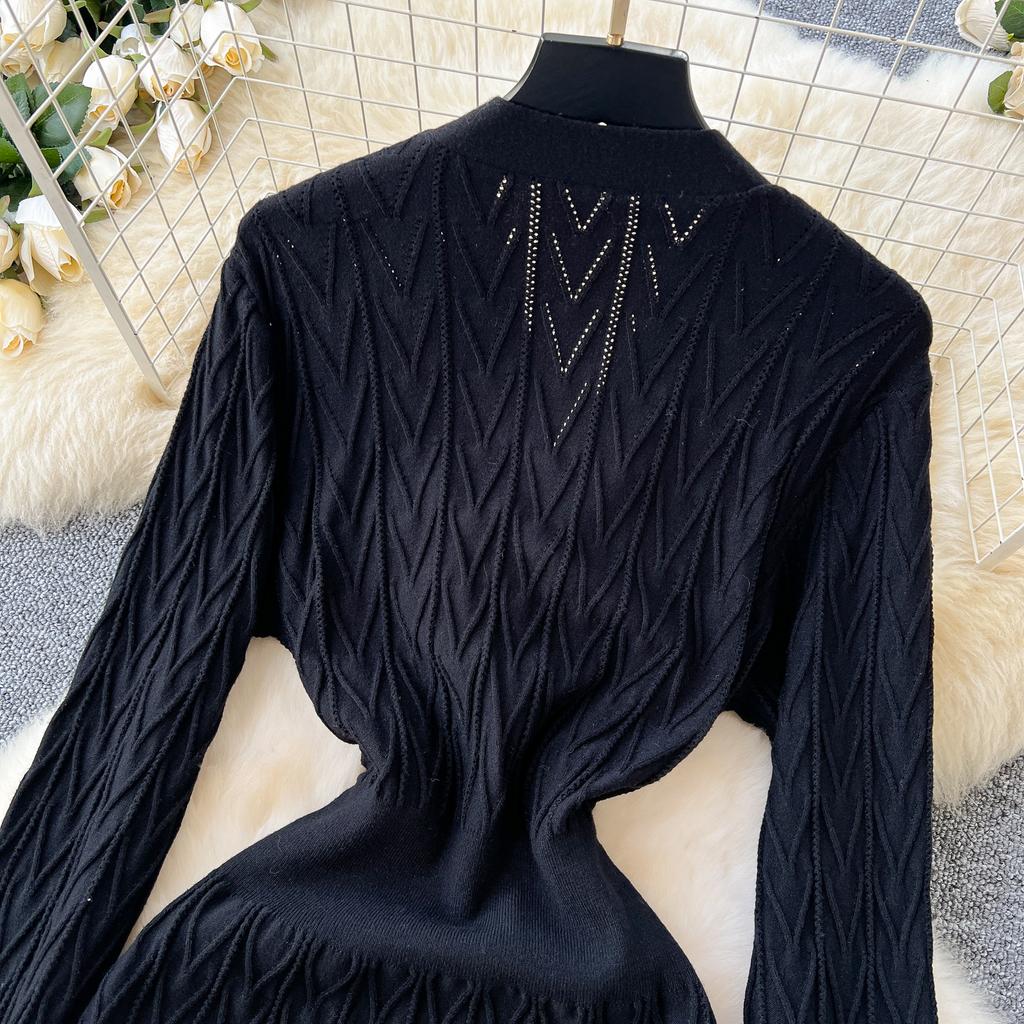 Autumn Winter Women Elegant V-neck Knitted Sweater Twist Pullover Dresses