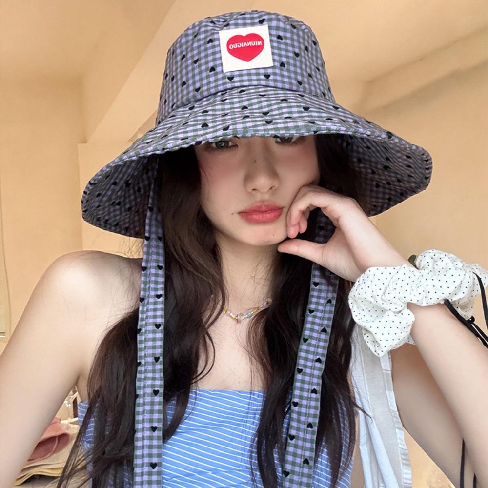 Lace Up Hiking Fisherman Hat Sun Protection Heart Printed Bucket Hat Drawstring Sun Hat Fishing