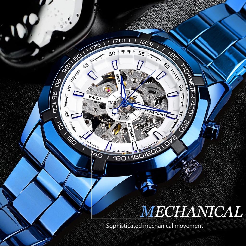 Forsining Men's Fashion Casual Hollow Blue Electroplated Automatic Mechanical Watch GMT1137-10-A