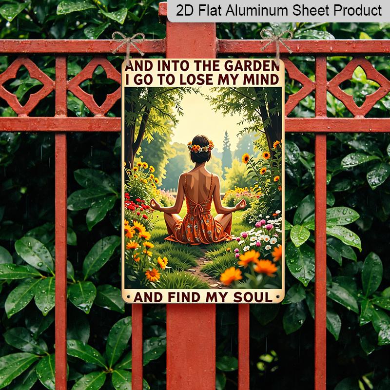 2D Flat Vintage Garden Quote Aluminum Sign "And Into The Garden I Go" Yoga Girl Wall Decor Boho Yoga Wall Art Garden Decor, Backyard, Patio, Yoga