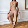 Сексуальные комбинезоны с открытой спиной и бретельками через шею с высокой талией, женские наряды, модные комбинезоны без рукавов с широкими штанинами для женщин, элегантные однотонные облегающие комбинезоны 25751