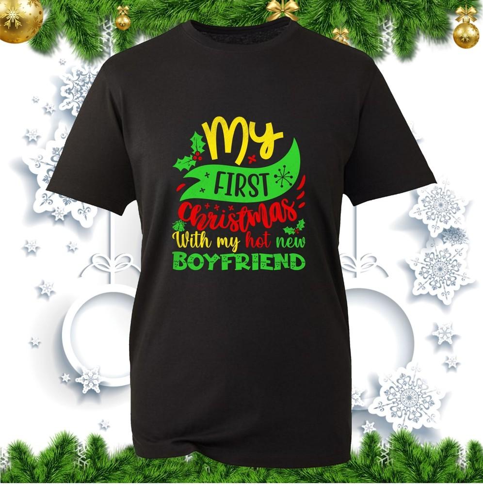 My First Christmas With My Hot New Boyfriend Tshirt Xmas Couple Match Tee Top