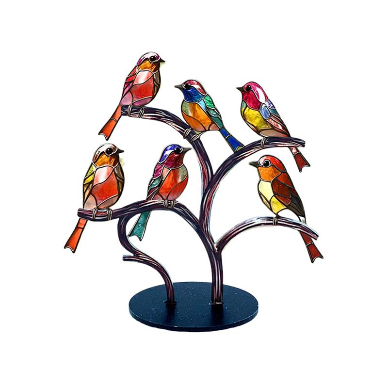 Stained Acrylic Birds On Branch Desktop Ornaments, Double Sided Multicolor Style Birds Craft Statue Desktop Ornaments