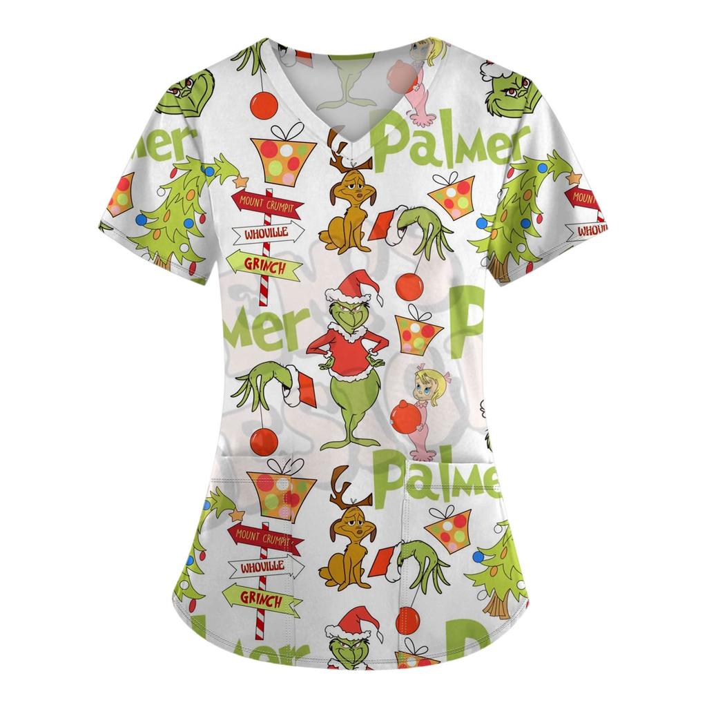 Женские модные топы с короткими рукавами и V-образным вырезом с принтом, рабочие футболки с карманами