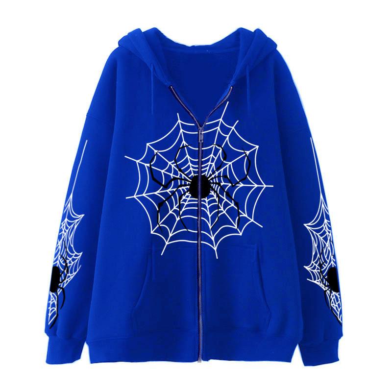 Spring and Autumn Women's Fashion Spider Web Printed Hooded Casual Jacket