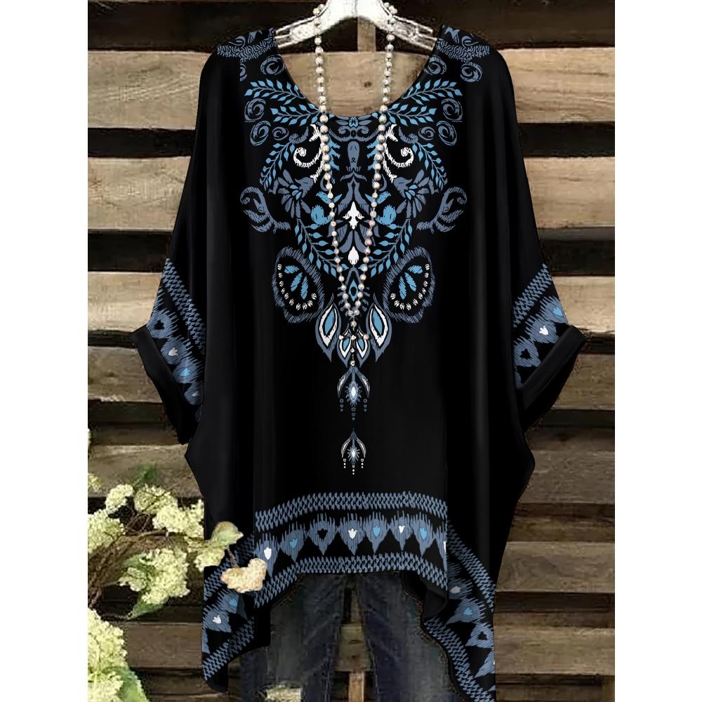 Летняя женская футболка в этническом стиле с принтом, удлиненная спереди, с круглым вырезом, повседневная, удобная, футболка в стиле Y2k, винтажная женская футболка с коротким рукавом