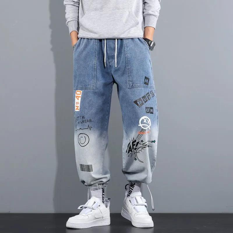 Весна Осень Джинсы Мужские Граффити Письменный Принт Шаровары Джинсы Свободные Мультяшные Граффити Брюки На Завязках Хип-Хоп Повседневная Уличная Одежда Спортивные Штаны