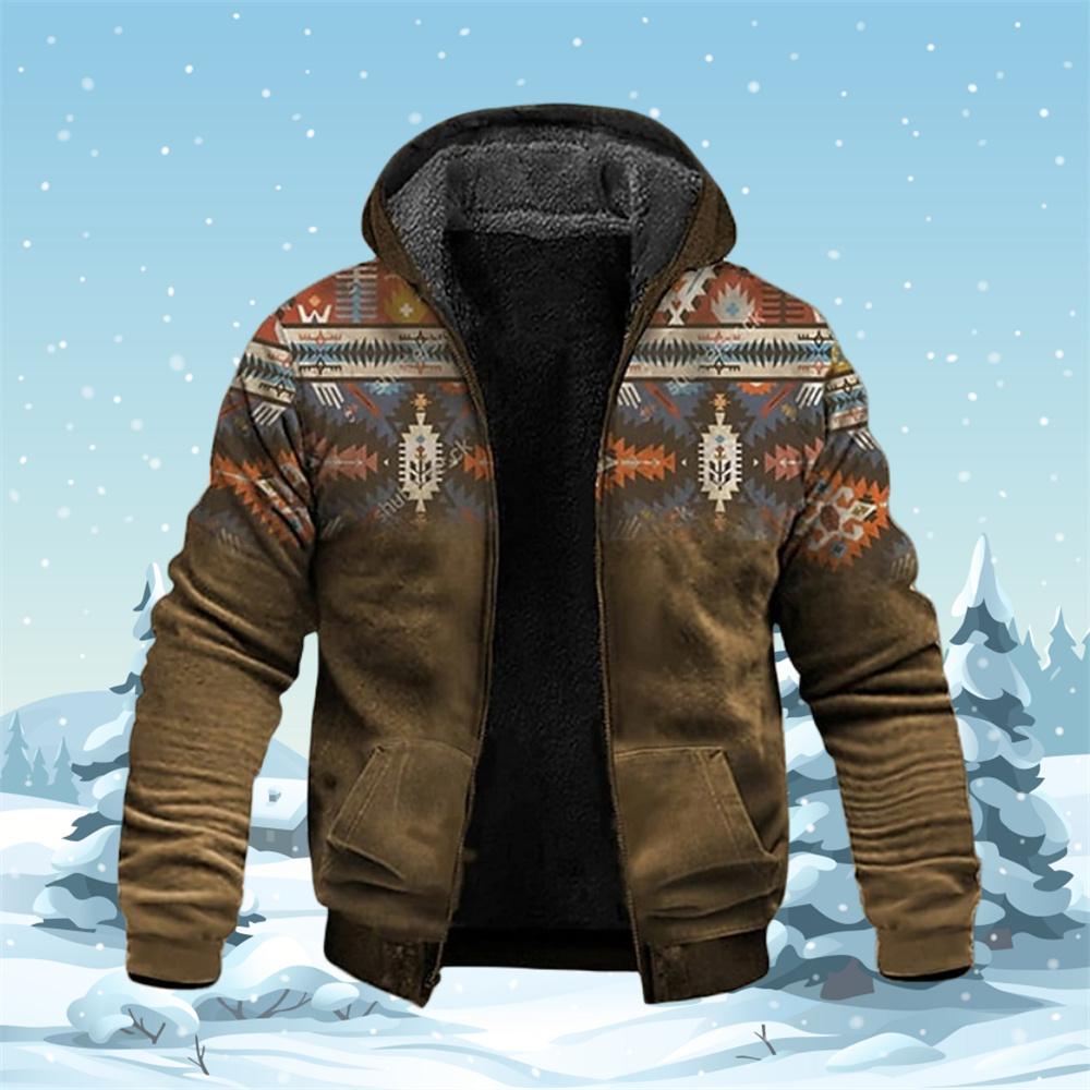 Мужские толстовки на молнии, зимние флисовые парки, пальто, куртки с этнической племенной графикой, толстовки, верхняя одежда, пальто на молнии с капюшоном