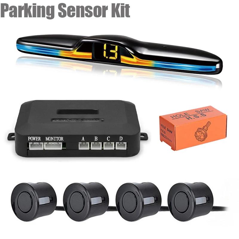 EURS New LED Parking Sensor System Backlight Parktronic Monitor Display Kit Backup Detector Assistant 4 Probes