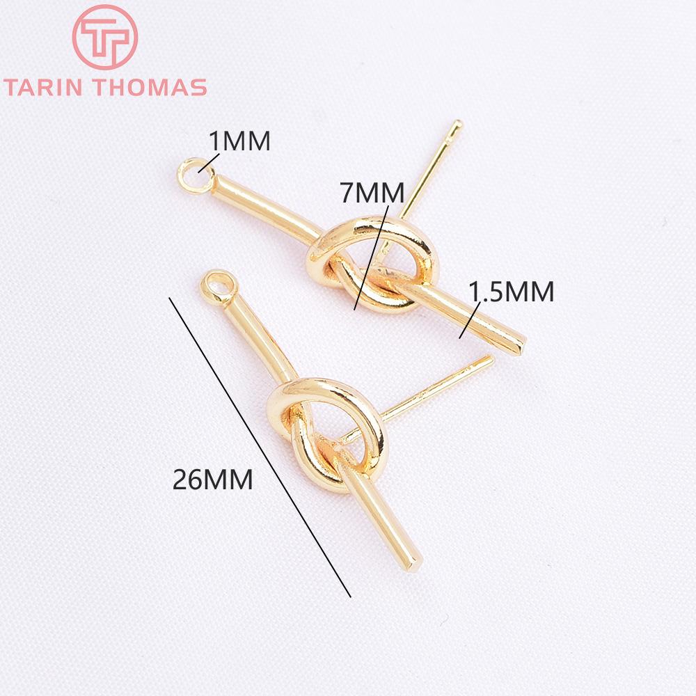 (3781)4PCS 27MM 35MM 24K Gold Color Plated Brass Long Line with Knot Stud Earrings High Quality DIY Jewelry Making Findings