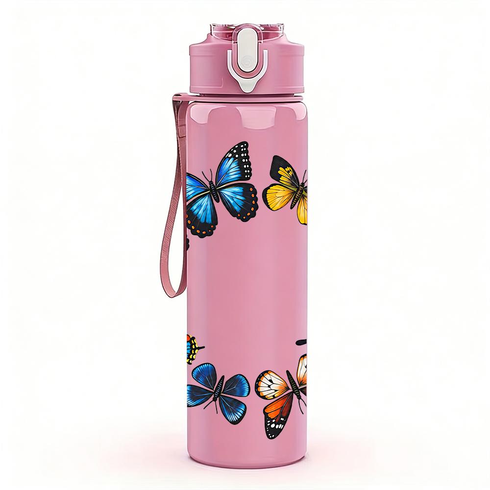 1PC Circular Butterfly Wreath 750ml Color Plastic Sports Water Bottle Leakproof Flip Straw Lid Suitable for Sports Office Home Use