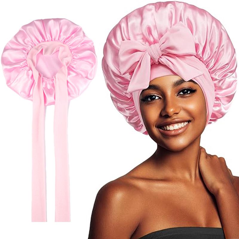 Silky Satin Sleep Cap with Tie-Up Ribbon for Women - Hair Care Hat