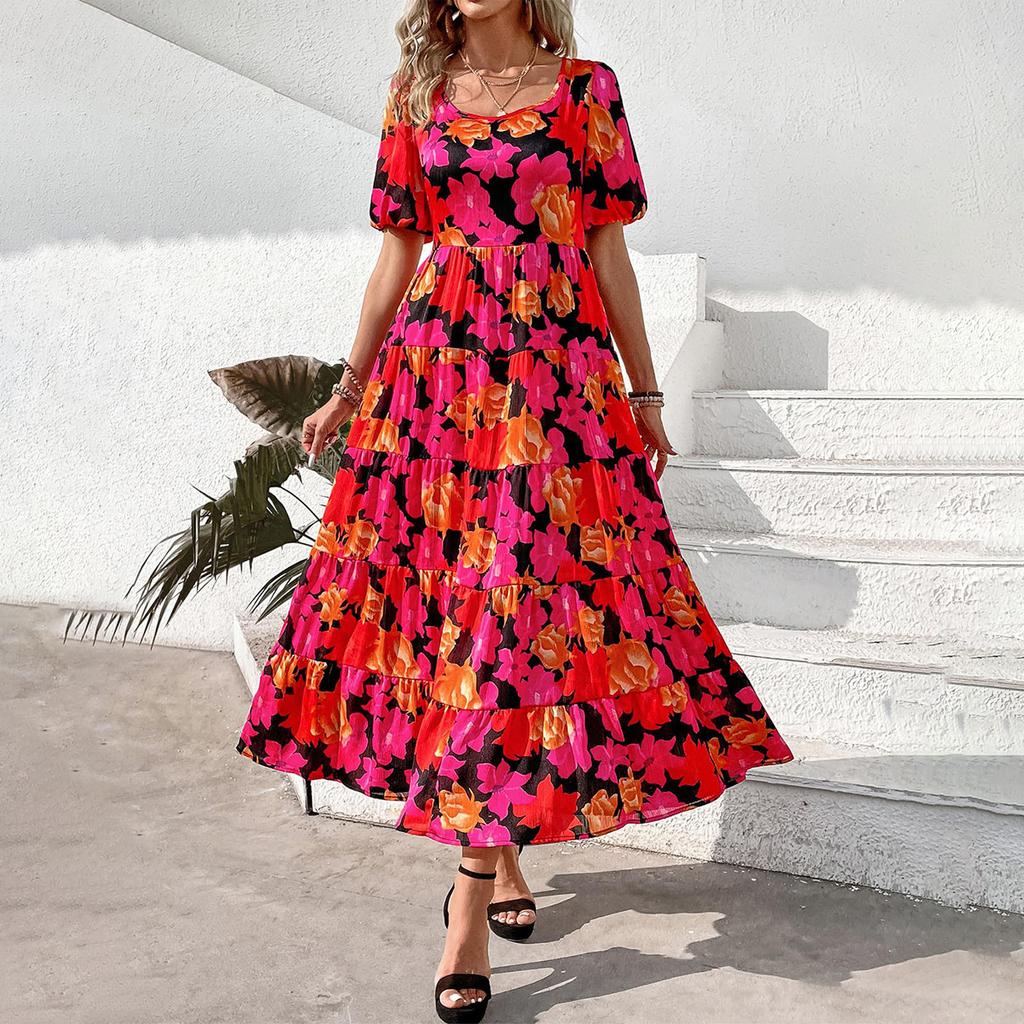 Casual Women's Summer Dresses Puff Sleeve Floral Maxi Dress Gathered Open Back Flowing Layered Beach Maxi Dress