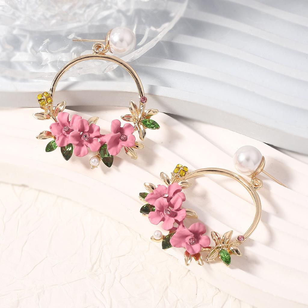 Fashionable Country Style, Sweet and Fresh, Soft Clay Flower Imitation Pearl Geometric Round Earrings, Simple and Versatile