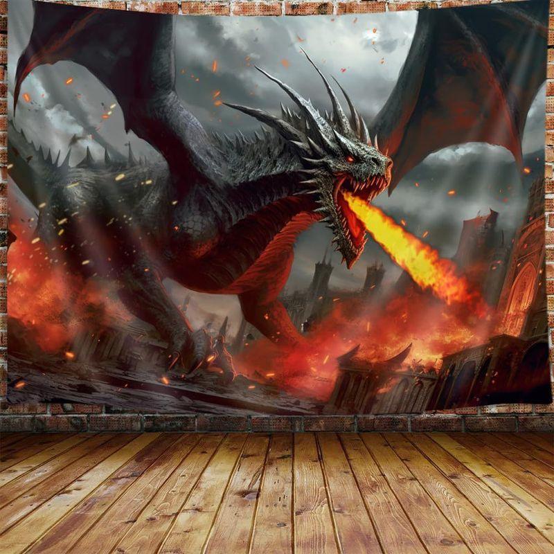 Fantasy Fire Dragon Tapestry, Polyester Gothic Aesthetic Wall Hanging, Bedroom Dorm Room Home Decor, Cool Gift