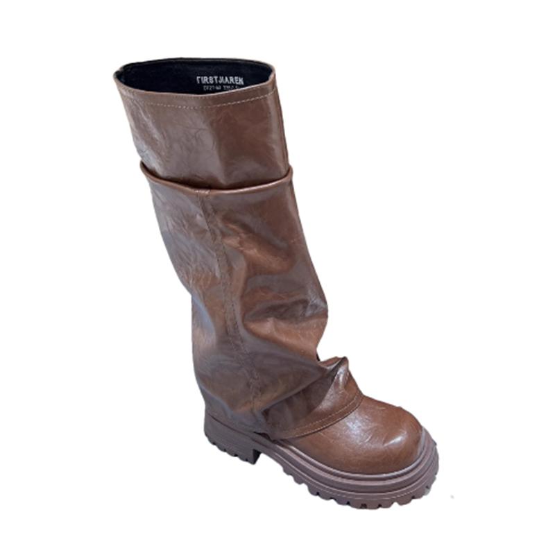 Модные женские сапоги на платформе, высокие кожаные туфли до колена, туфли на плоской подошве, женская мода 2025 года, зимнее платье в готическом стиле в стиле ретро, мотоциклетные сапоги Mujer