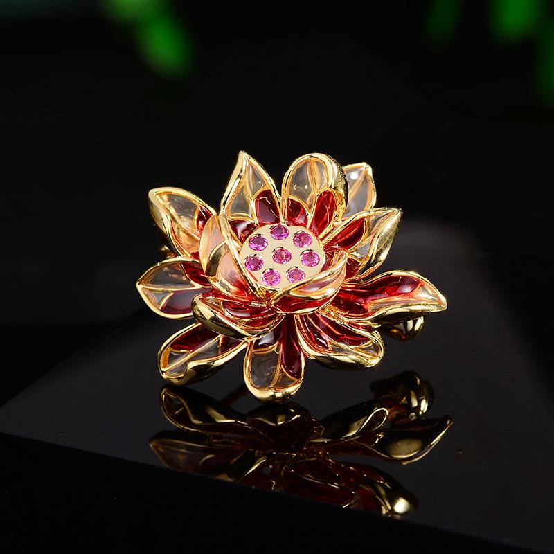 Elegant Chinese Lotus Enamel Zircon Brooch for Cheongsam Dress