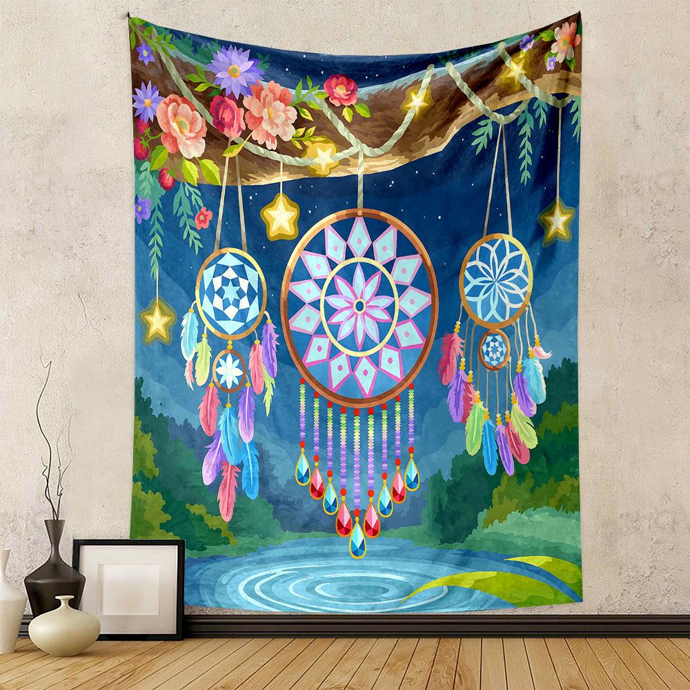 Dreamcatchers in Mystical Night Scene Patterned Tapestry Decorative Wall Hanging, Home Bedroom Living Room Decor