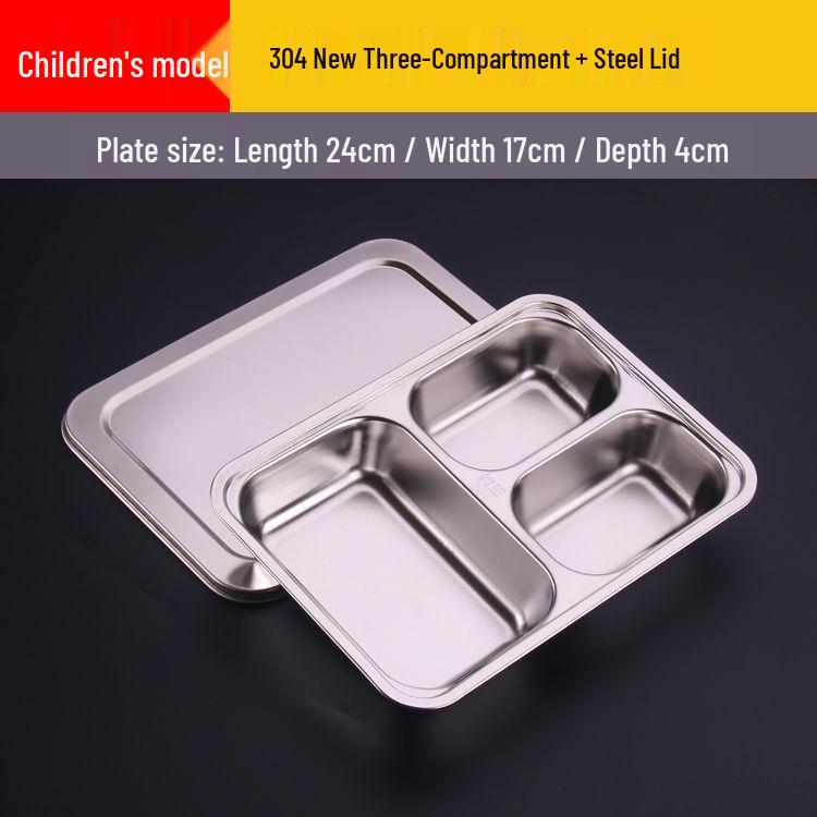 304 Stainless Steel Drop-Proof Square Dinner Plate for Kids with Four Compartments