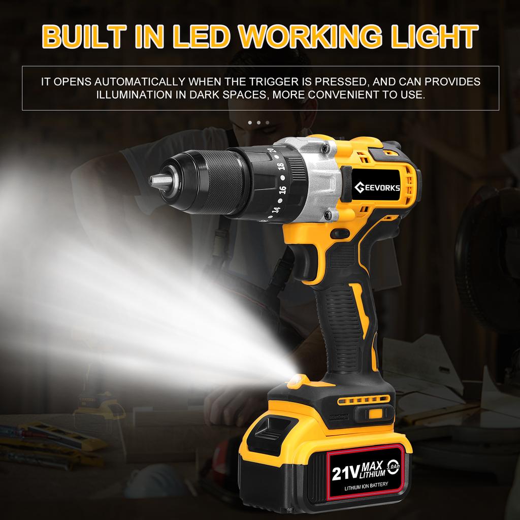 Household 80Nm Multifuctional 21V Electric Drill 2 Speed Control 3 Working Modes Stepless Speed
