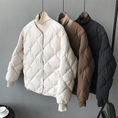Зимнее пуховое пальто с карманами, утепленная V-образная горловина, ромбовидная строчка, застежка-молния, ветрозащитная, сохраняющая тепло, повседневная верхняя одежда для холодной погоды, куртка