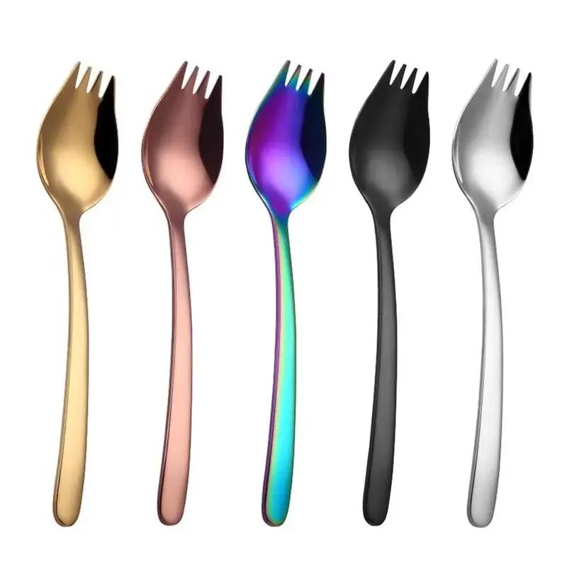 Kitchen Tools Stainless Steel Fruit Fork Dessert Forks for Cake Snack Salad Fork Spoon 2 In 1 Colorful Bento Accessories Supply