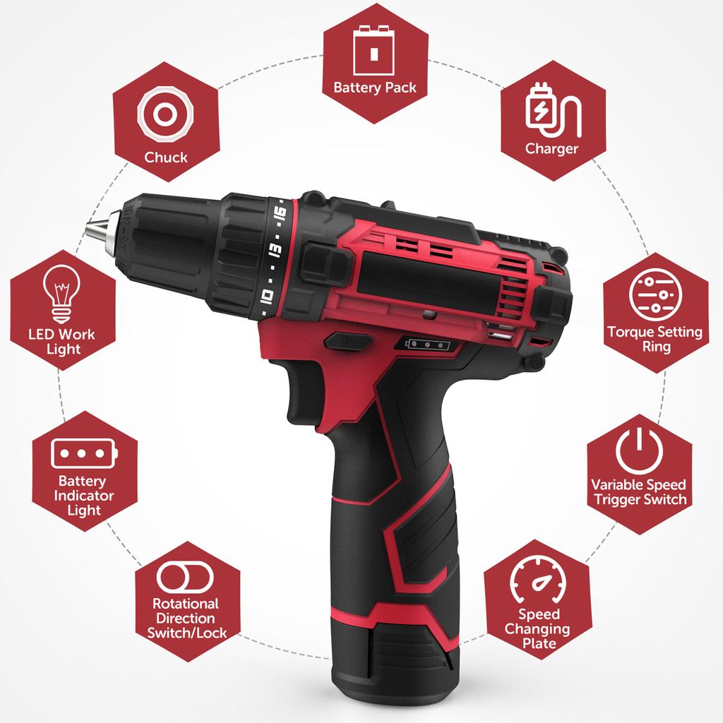 Комплект аккумуляторной дрели-шуруповерта. Набор электрических дрелей 12 В. 50 шт. Набор щеток для электрической дрели. 18 + 1 винт сцепления.