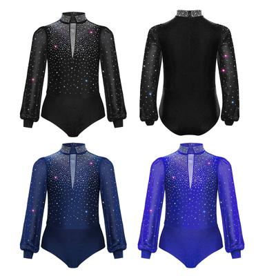 Боди с длинным рукавом и воротником-стойкой, украшенное стразами, с застежкой-кнопкой в области промежности и молнией сзади, для фигурного катания