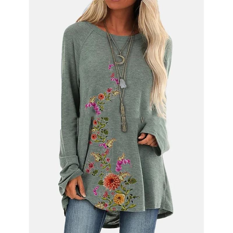 Топ с круглым вырезом и длинными рукавами для женщин среднего и пожилого возраста, модная повседневная, удобная, домашняя, уличная одежда высокого качества