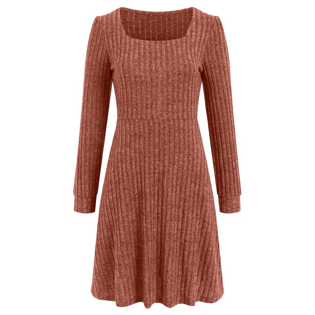 Женское трикотажное платье с длинными рукавами и карманами, квадратный вырез, облегающие платья, однотонное трикотажное элегантное платье для женщин